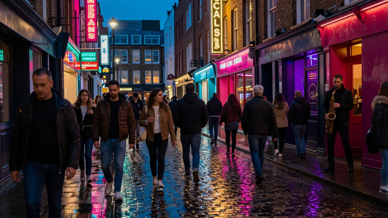 Soho street at night with neon signs glowing on wet pavement, people walking toward underground clubs.
