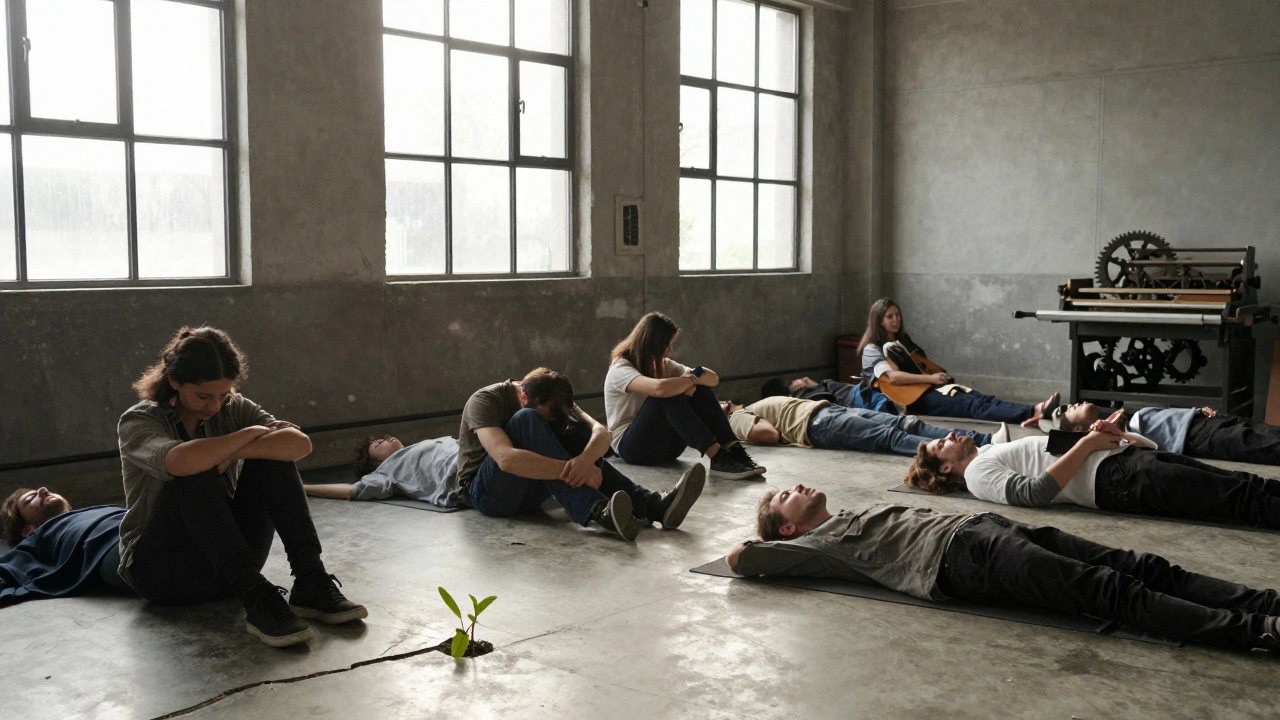 Sunrise in Printworks Garden room with people resting as sunlight streams through broken windows.