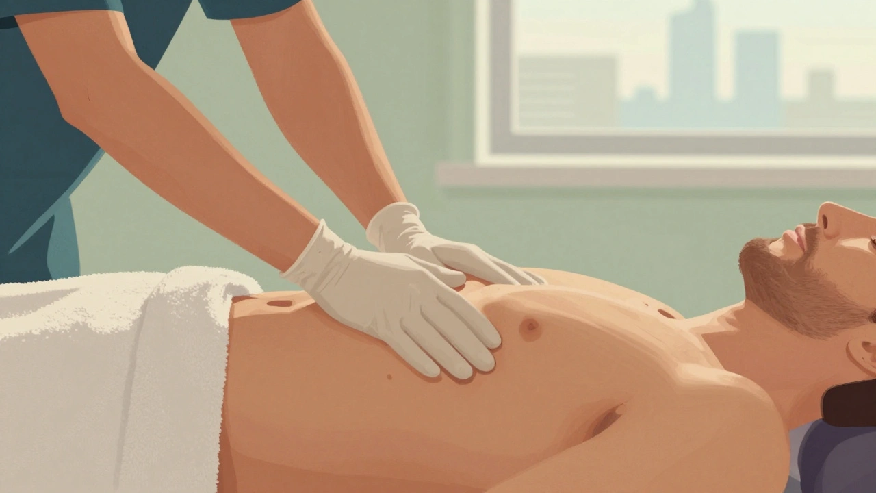 Therapist's hand applying prostate massage on client's abdomen.