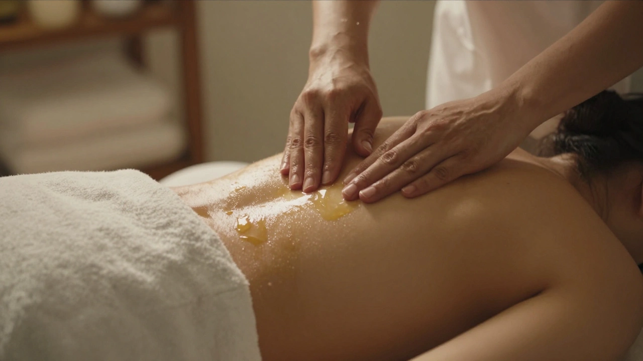 Therapist's hands applying oil to a draped client's back, golden light catching the skin.