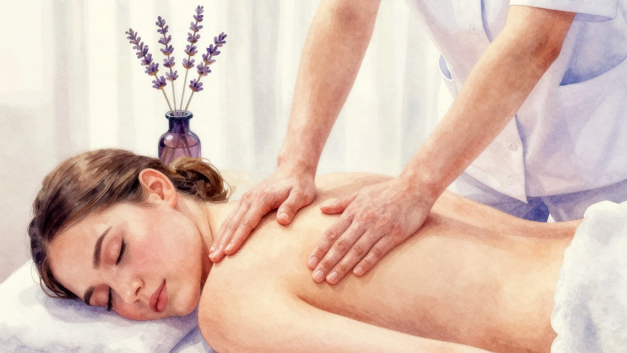Therapist using body for deep relaxation in serene spa environment.