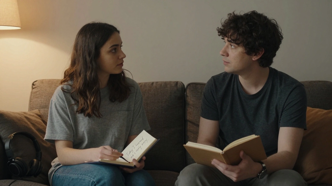Two people talking gently across a sofa, a journal open with a personal reflection, symbolizing emotional connection and self-discovery.