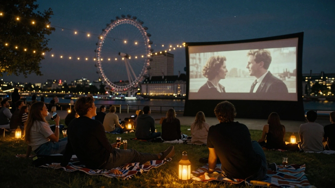 A crowd enjoying an outdoor movie screening by the Thames, lounging on blankets under string lights and stars.