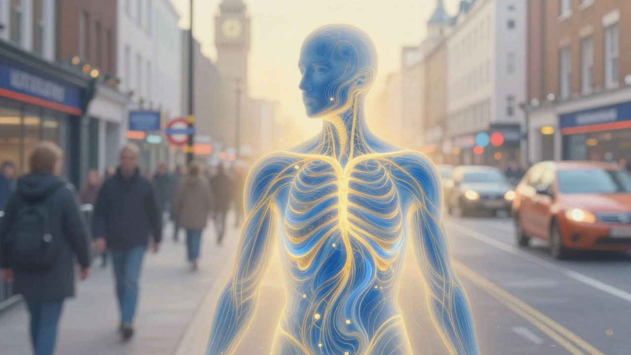A glowing human silhouette surrounded by calming waves, symbolizing nervous system relaxation amid a blurred cityscape.