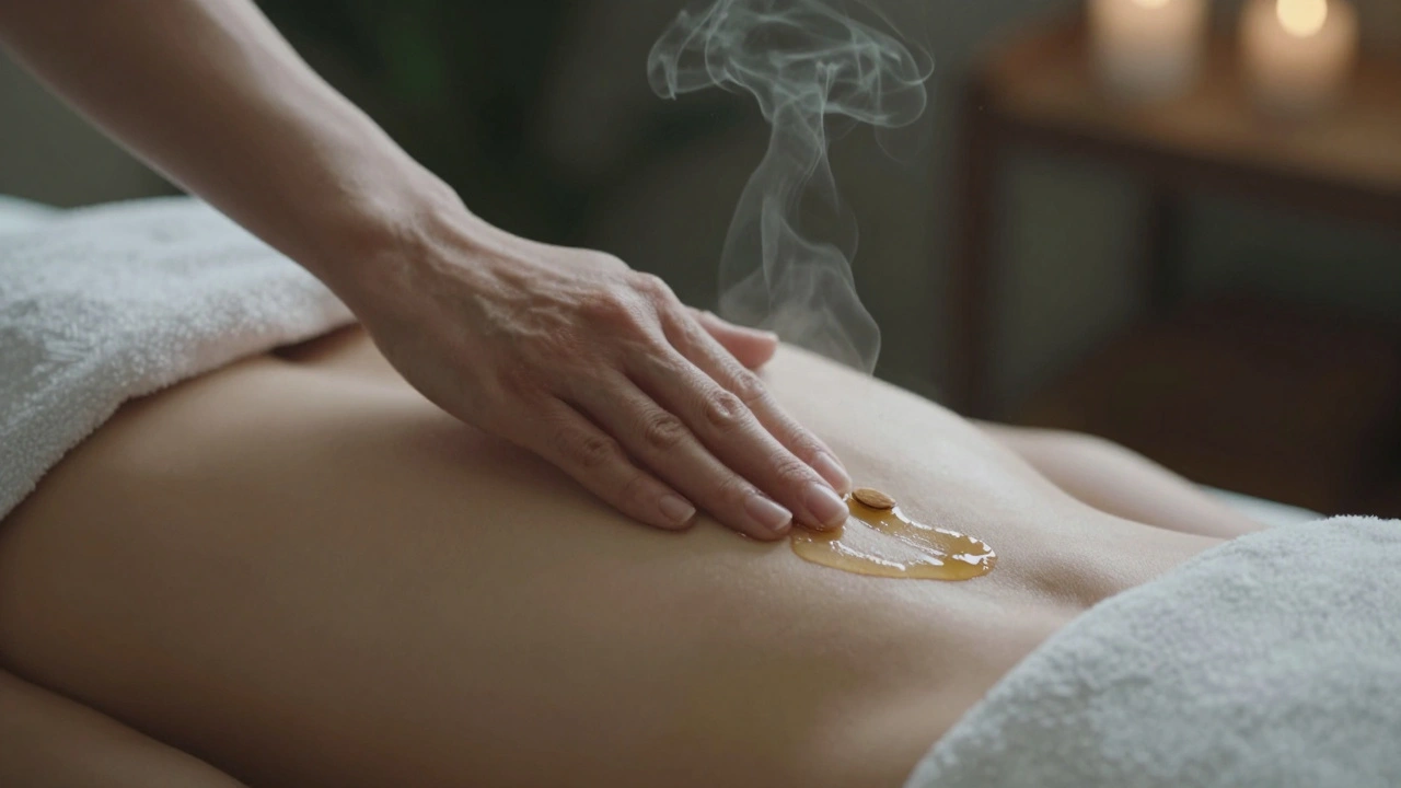 A hand applying warm oil to a bare back in a quiet studio, with soft focus and steam rising from a towel.