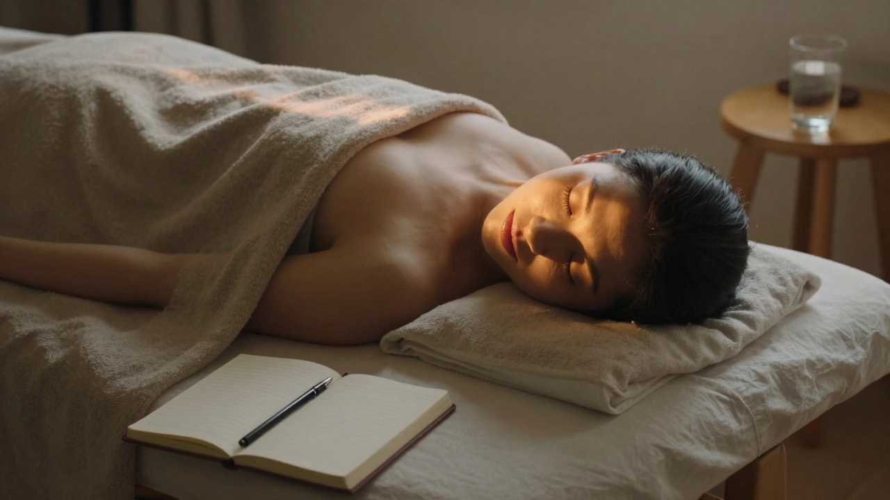 A person lying relaxed on a massage table, covered by a warm blanket, eyes closed in peace.