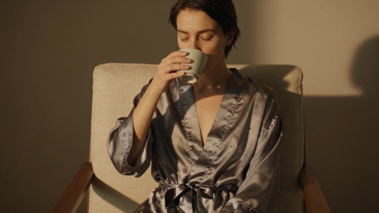 A person sitting quietly after a massage, sipping tea with eyes closed, wrapped in a silk robe.