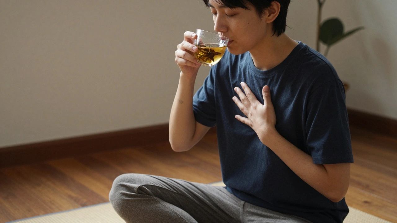 A person sitting quietly after a session, eyes closed, holding tea with relaxed posture.
