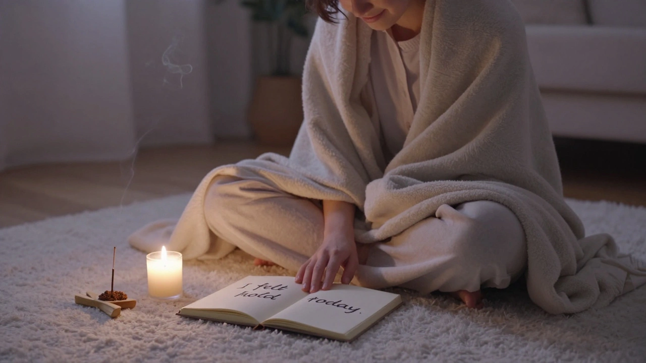A person sitting quietly after a session, smiling, with a journal open beside a candle in a dim room.