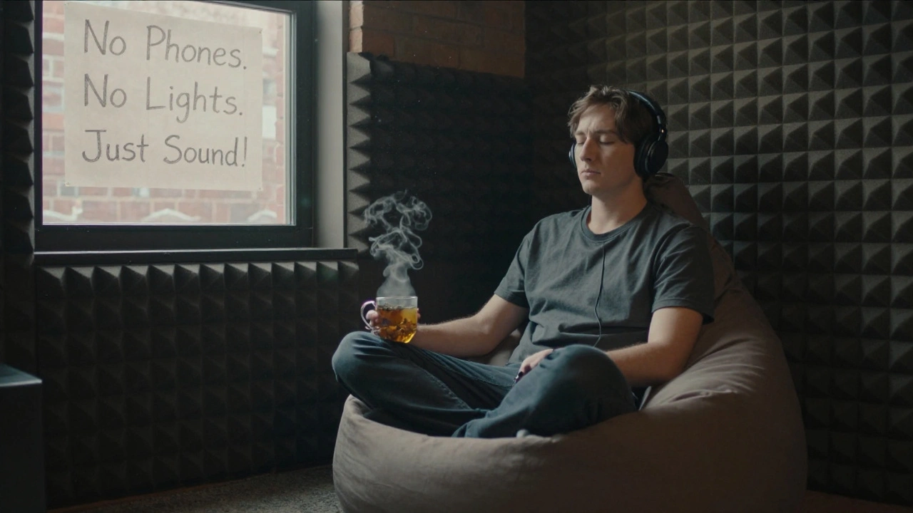 A person sitting quietly with headphones on, eyes closed, sipping tea in a soundproofed space filled with floating dust and soft light.