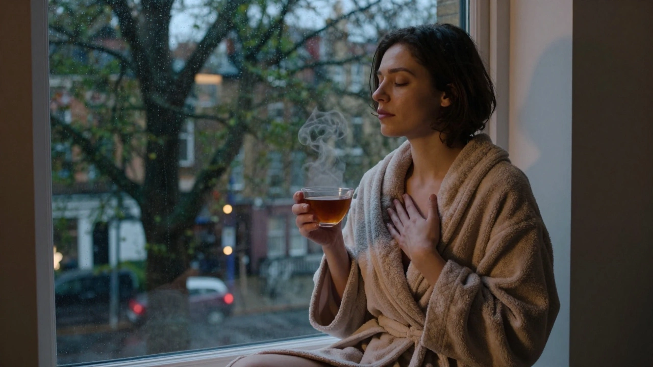 A person wrapped in a robe, sipping tea by a rainy window, radiating quiet peace after a healing session.