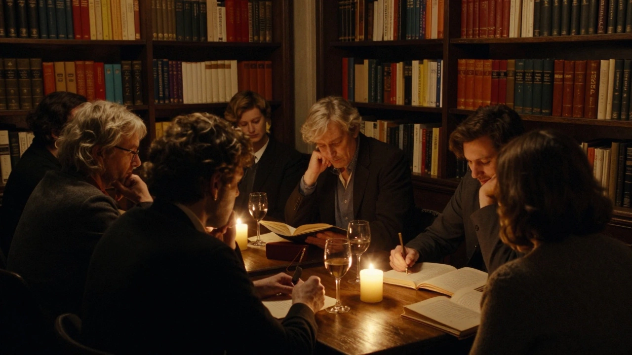 A quiet literary salon in a candlelit bookshop, guests listening to a reader share unpublished work.