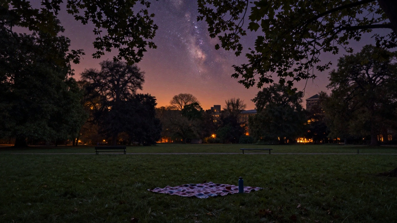 A quiet night in Regent’s Park with someone lying on a blanket under the stars, city lights glowing on the horizon.