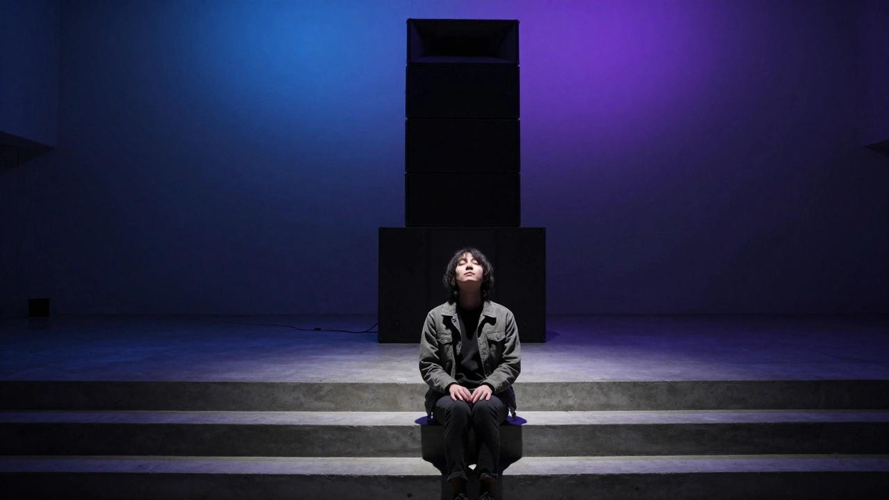 A solitary person sitting on stairs, eyes closed, bathed in pulsing colored light from overhead speakers.
