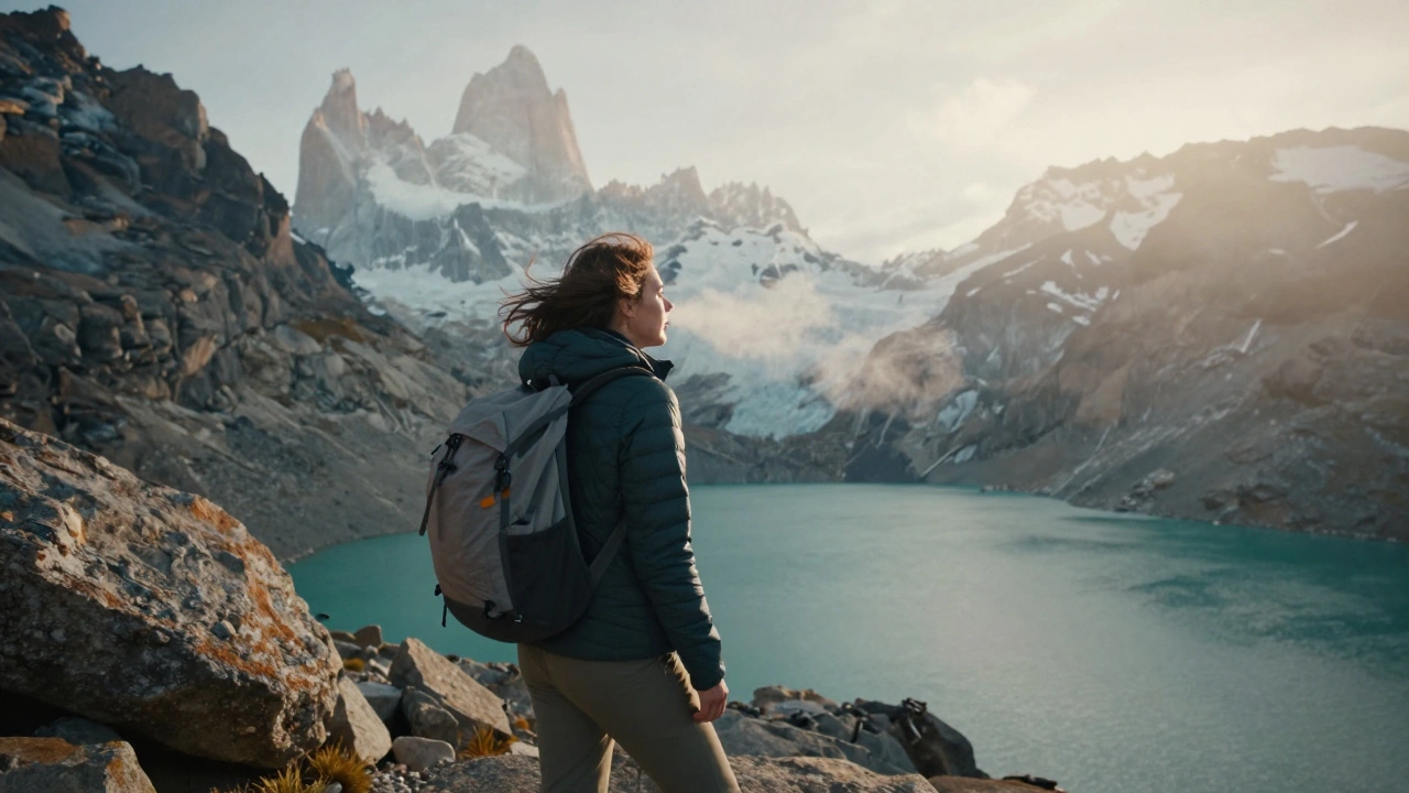 A solo female hiker at sunrise in Patagonia, gazing over a glacial lake with rugged mountains behind.