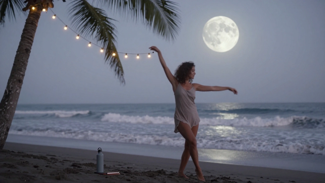 A woman dancing barefoot on a moonlit Bali beach, ocean waves nearby, fairy lights glowing softly.