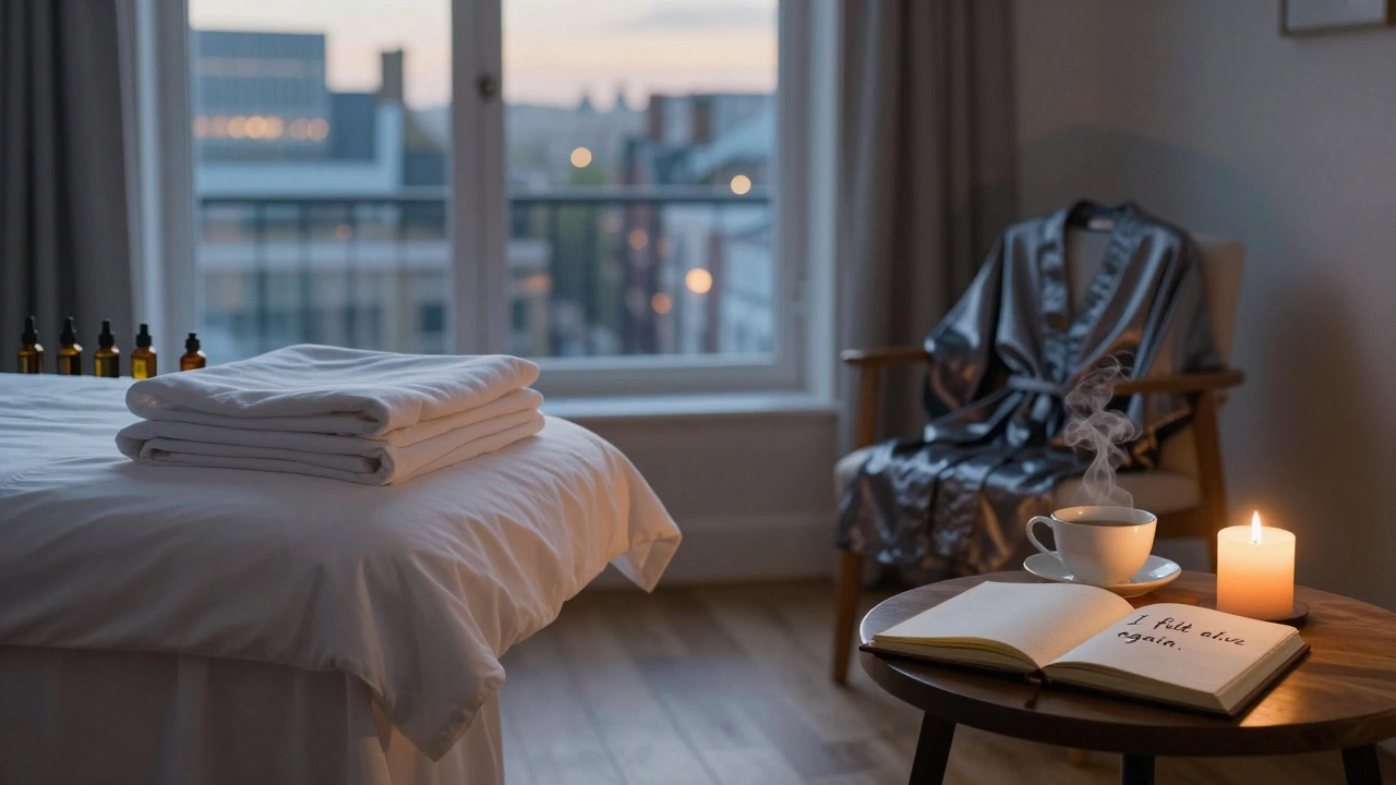 An empty massage room at dawn with folded sheets, a flickering candle, and an open journal.