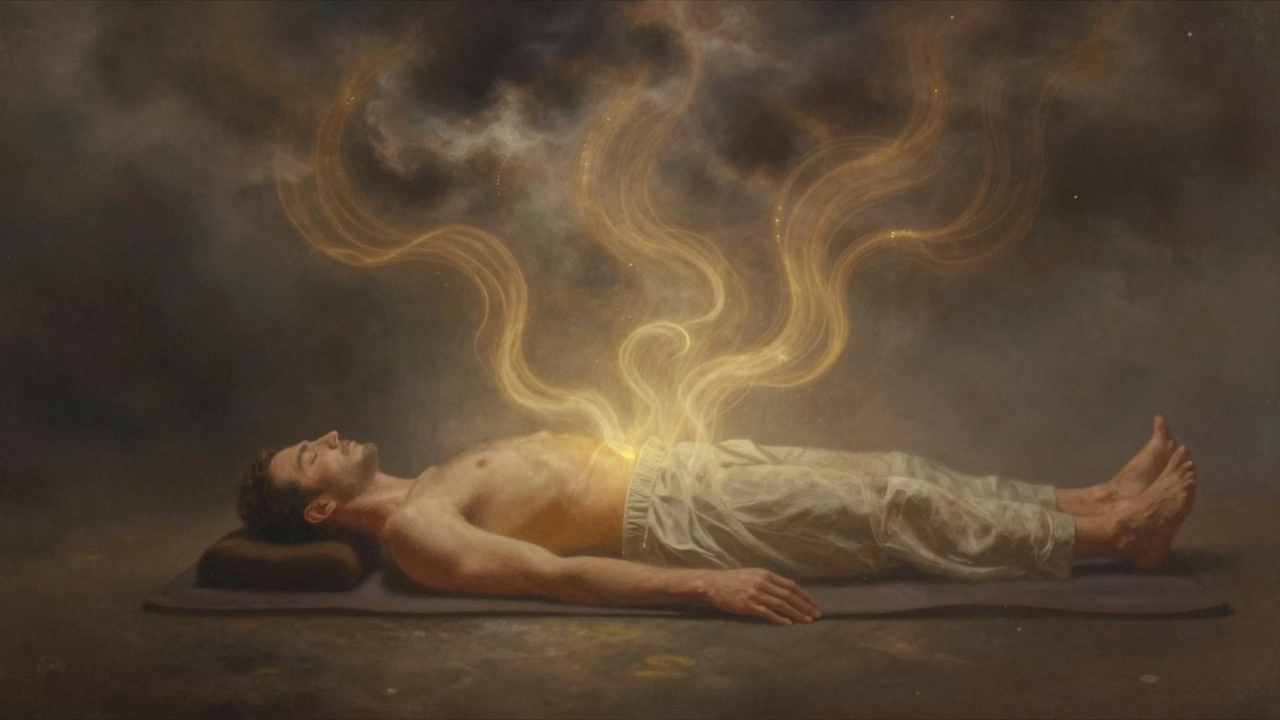 An ethereal visual of golden energy releasing from the pelvic area, symbolizing emotional and physical tension dissolving into peace.