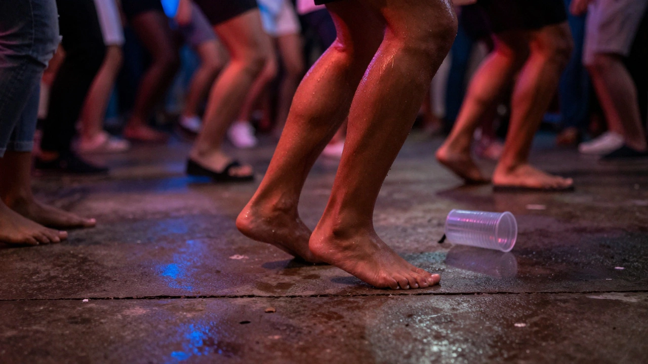 Bare feet dancing on wet concrete floor, sweat glistening, crowd blurred in background, plastic cup nearby.