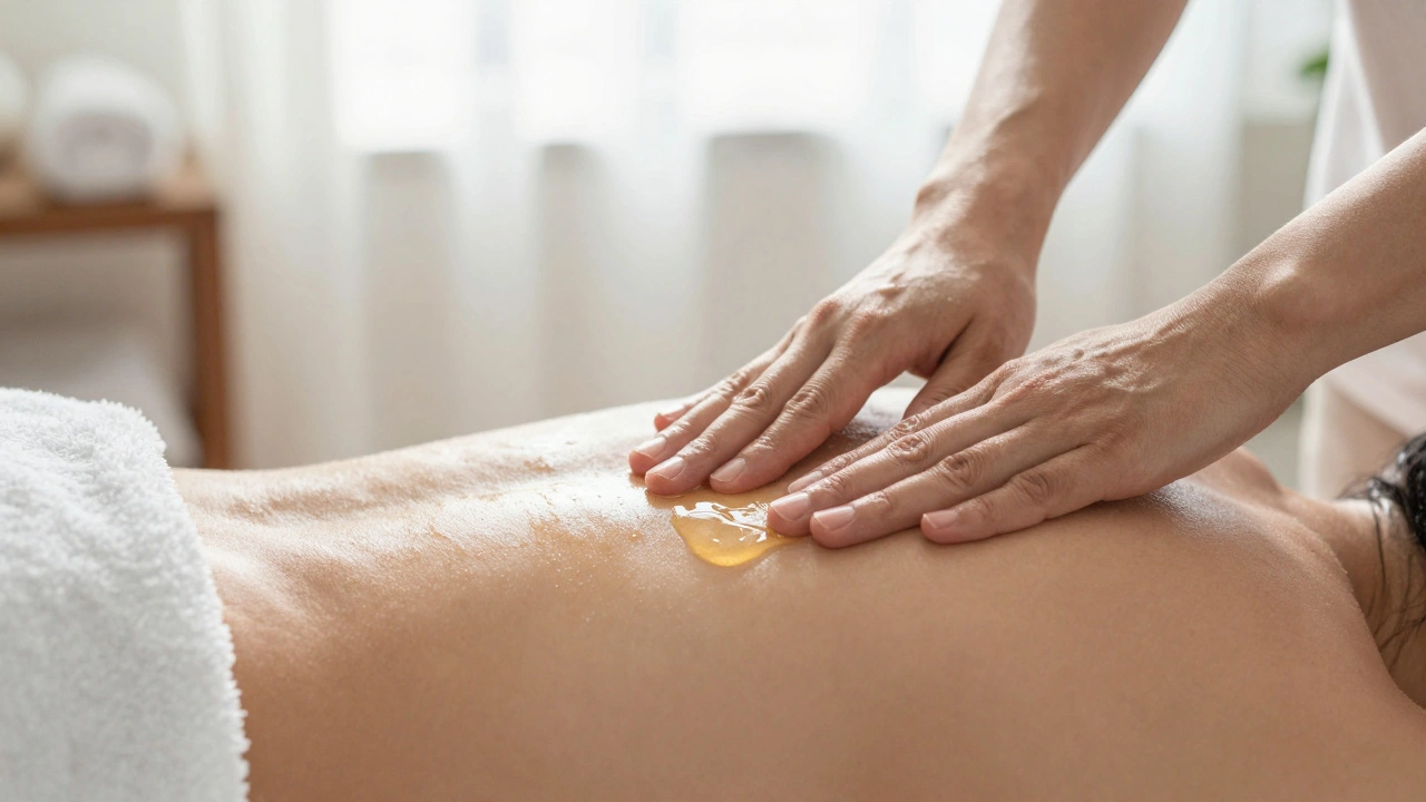 Close-up of hands applying oil to a shoulder with natural light, emphasizing gentle touch and texture.