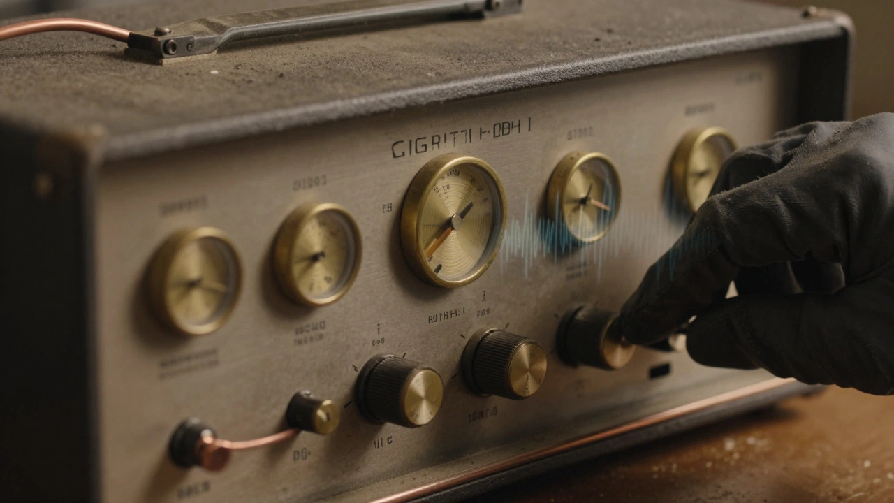 Close-up of vintage analog audio equipment with brass dials and exposed wiring, hand-tuned and meticulously maintained.
