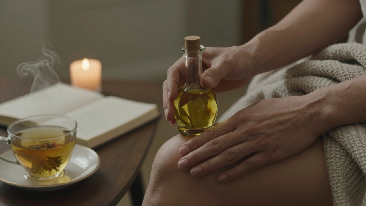 Close-up of warm oil and a resting hand on a thigh, with a weighted blanket and journal nearby, emphasizing calm, intentional touch.