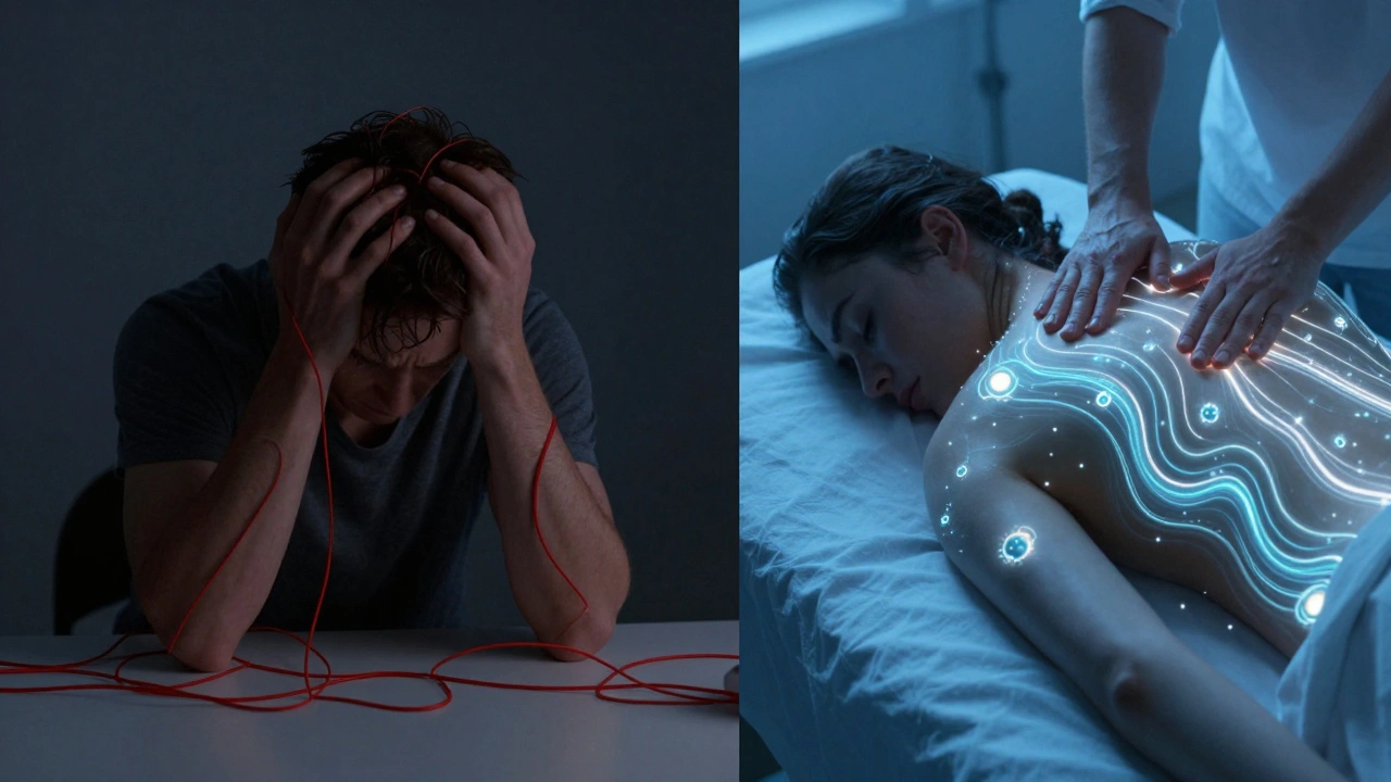 Contrasting images of stress versus calm after massage, showing immune system benefits through light and color.