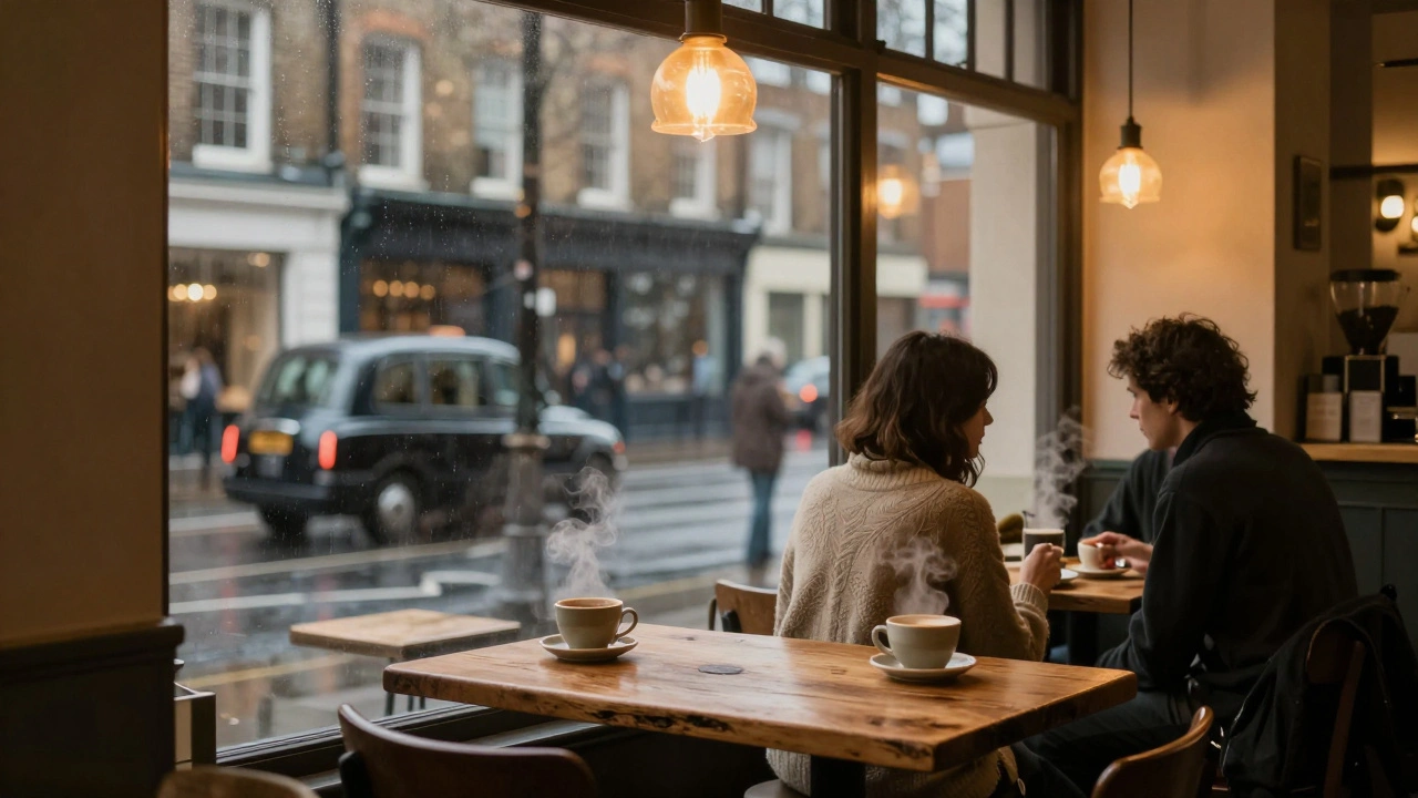 Cozy cafe interior at night with warm light and rainy street view outside.