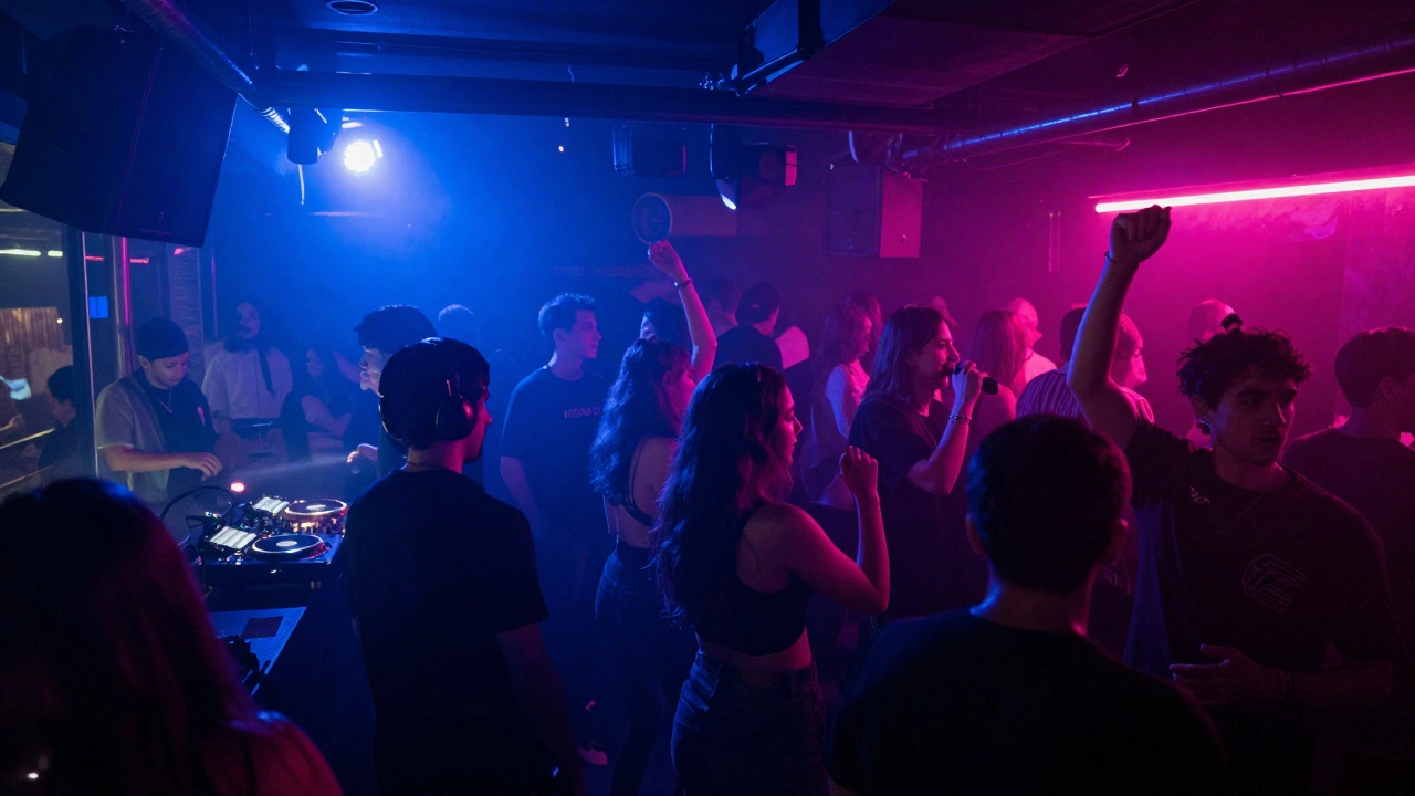 Diverse crowd dancing in a neon-lit club with live DJ on stage.