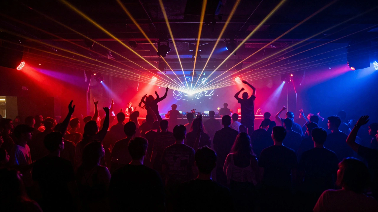 Diverse crowd dancing on a club floor with colorful laser lights and DJ booth.