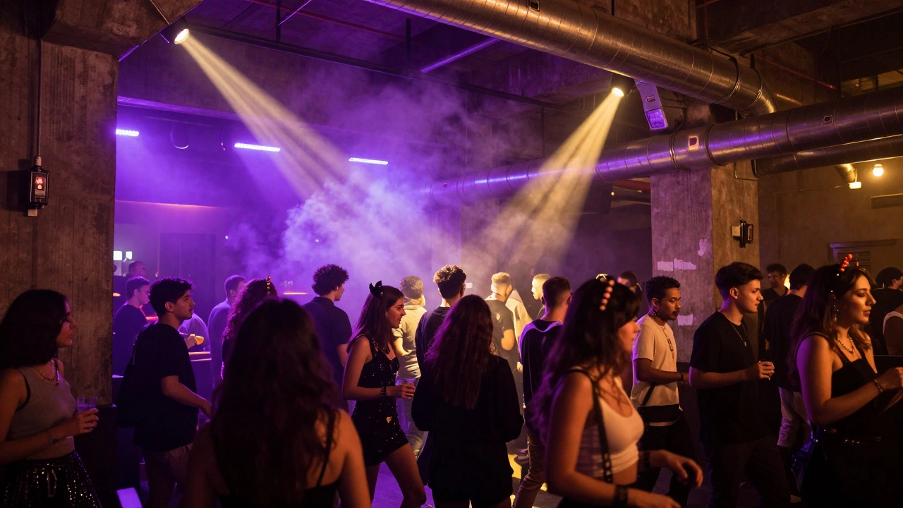 Diverse crowd in themed outfits dancing under dramatic club lights