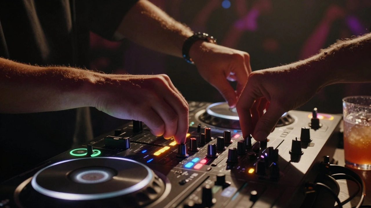 DJ's hands manipulating the mixer during a live set with neon readouts glowing