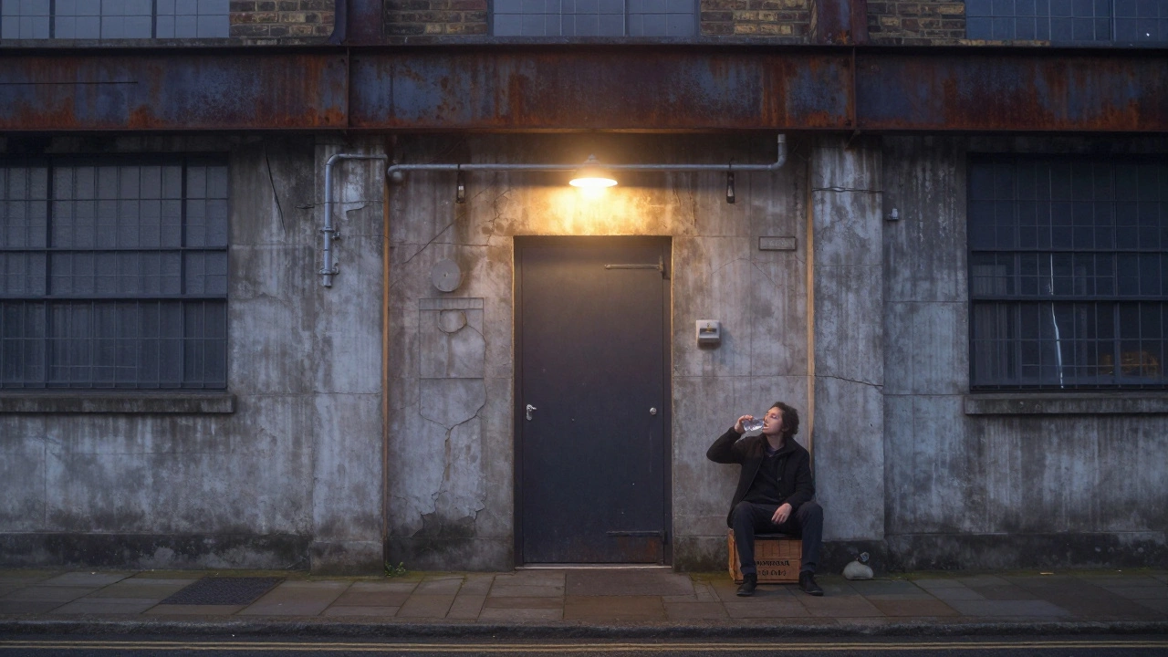 Empty industrial building at dawn, fog rolling over concrete, lone person sitting quietly with water.