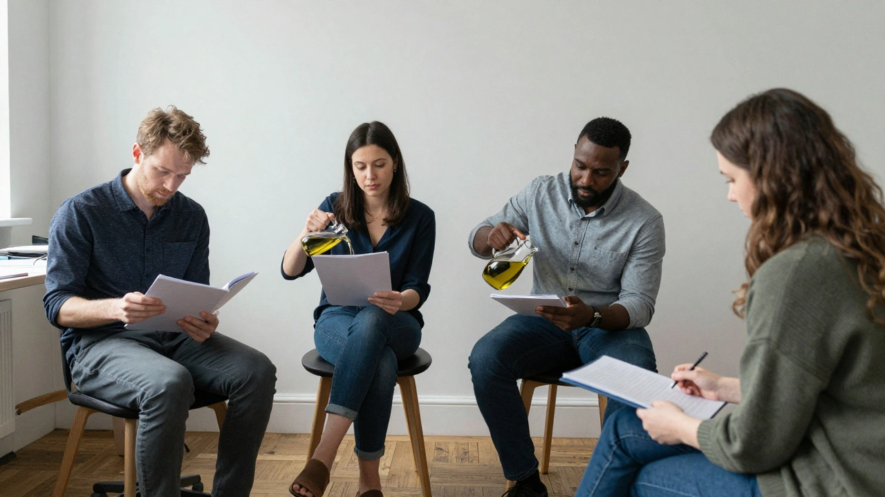 Four certified lingam massage therapists in London working in quiet, professional settings, each representing diverse backgrounds and specialties.