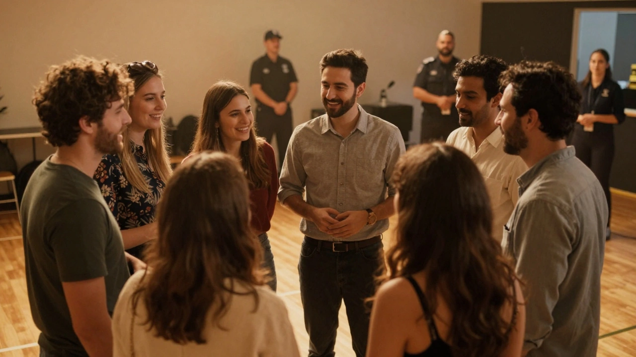 Friends conversing warmly inside a secure nightlife venue