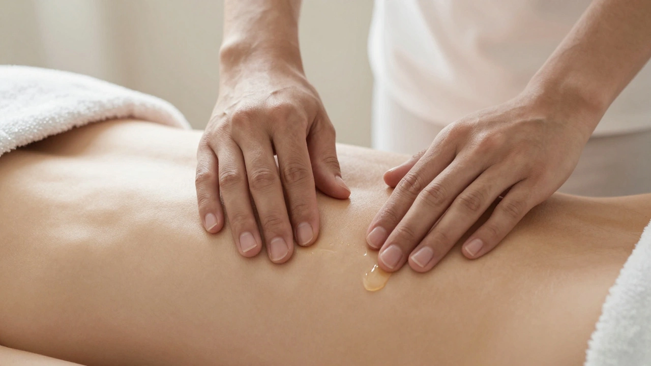 Gentle hands applying oil to a back in natural light, conveying mindful, non-sexual touch.