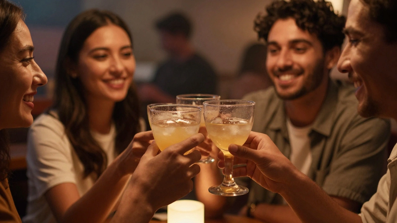 Group of friends smiling and toasting with cocktails in a dimly lit club.