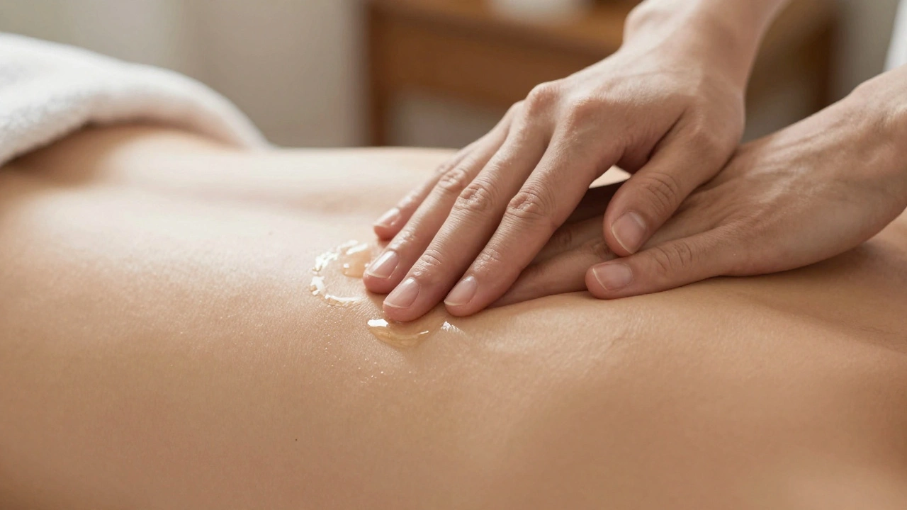 Hands applying gentle pressure on a shoulder with natural oil glistening on skin.
