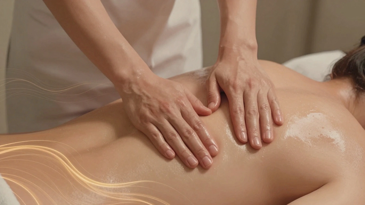 Hands applying gentle pressure to a back with oil glistening, symbolizing muscle relaxation and improved circulation.