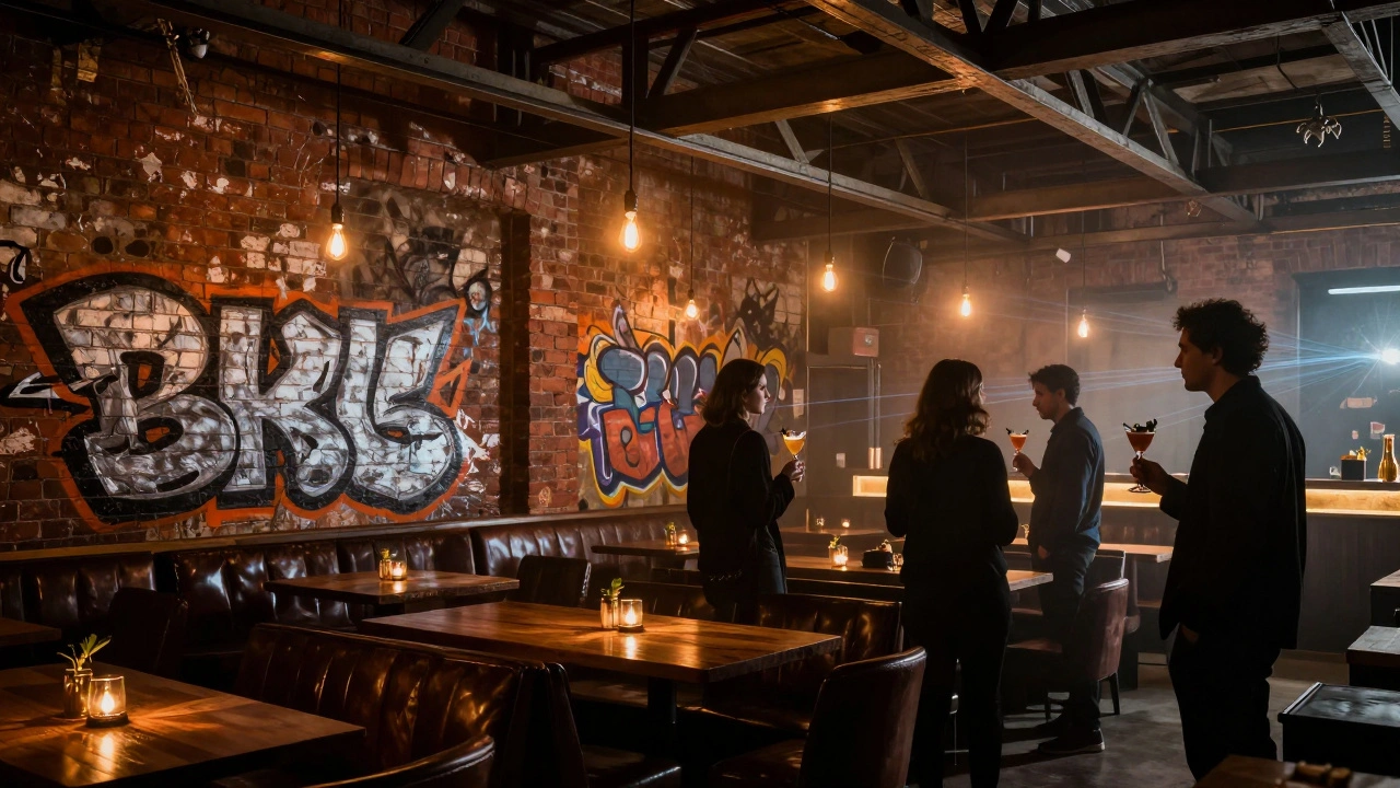 Industrial warehouse bar interior with exposed brick and dim lighting.