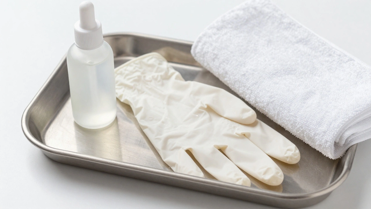 Medical-grade gloves and therapeutic oil arranged neatly on a sterile tray.