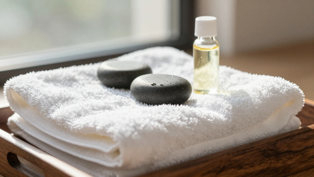 Neatly arranged white towels and spa stones on tray