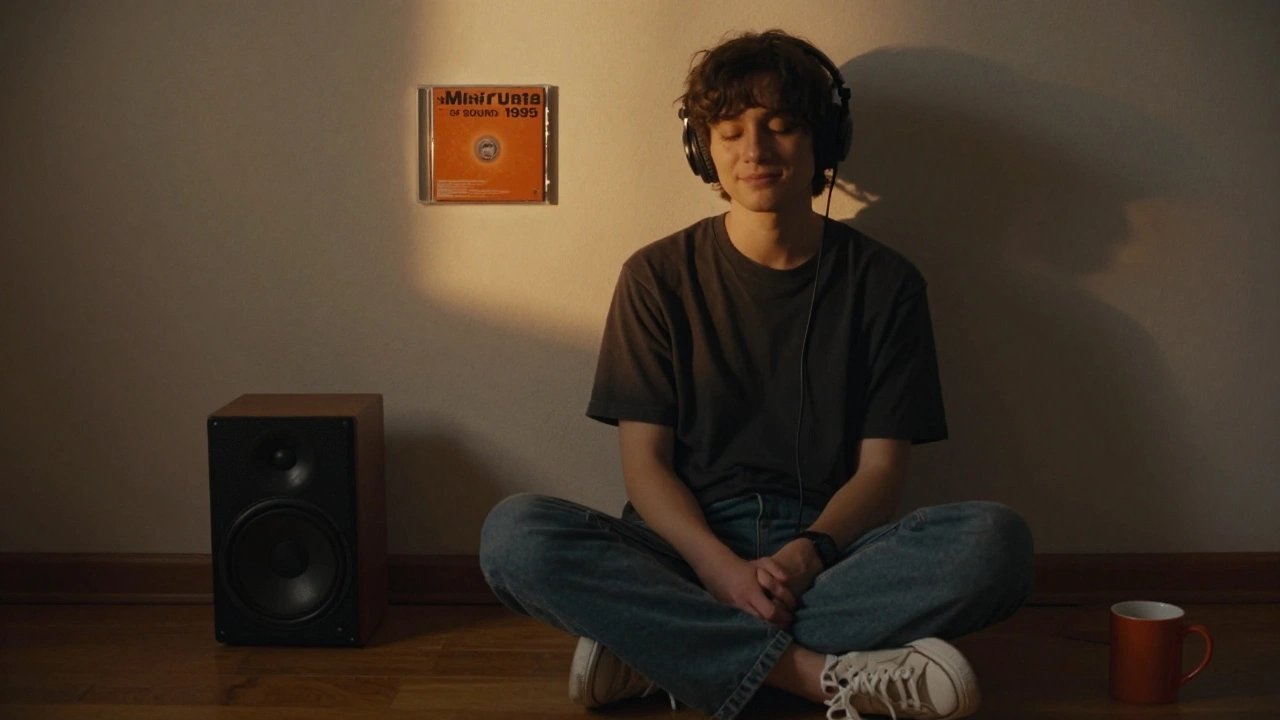 Person listening to a Ministry of Sound mix on headphones at home, smiling softly.