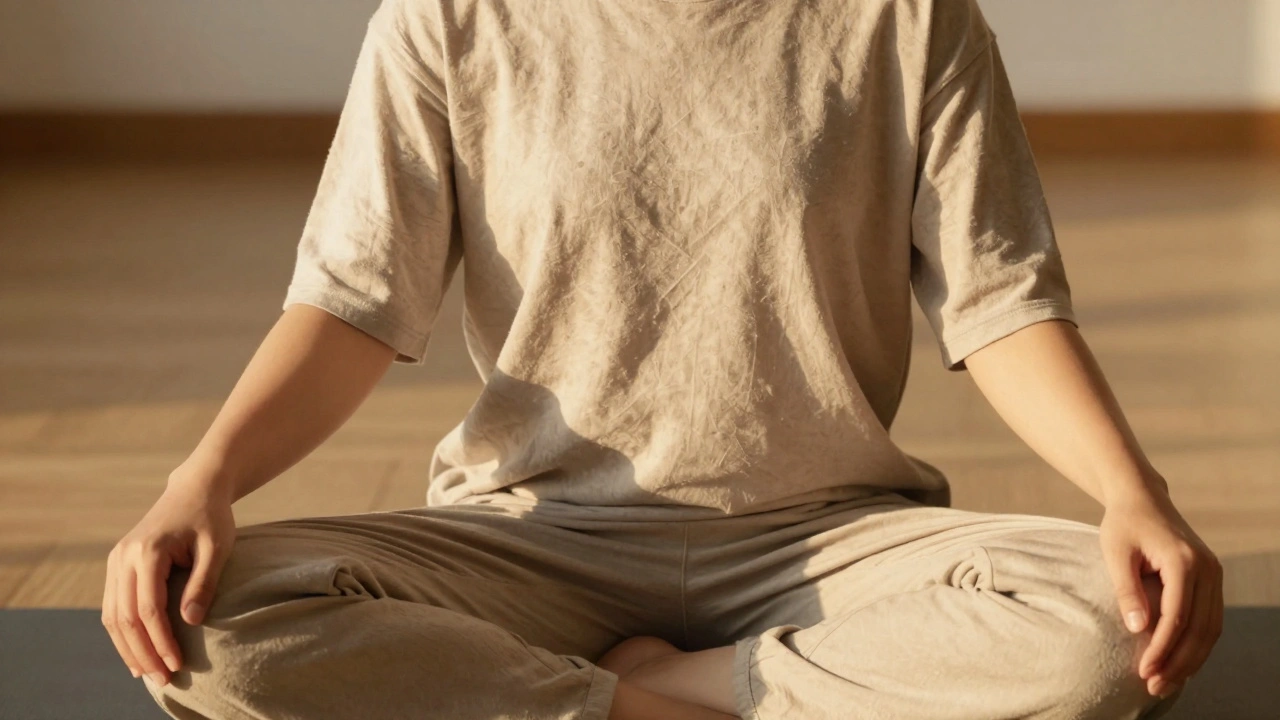 Person meditating on a mat in loose clothing.