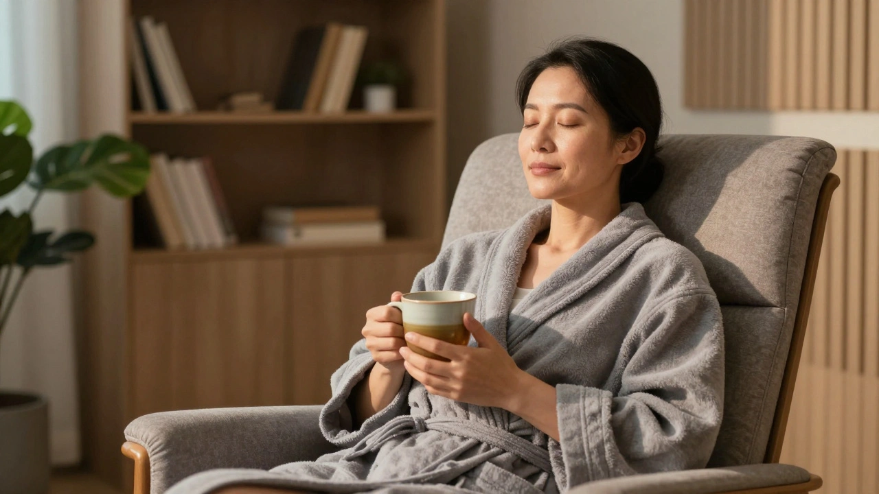Relaxed person drinking tea in comfortable lounge chair