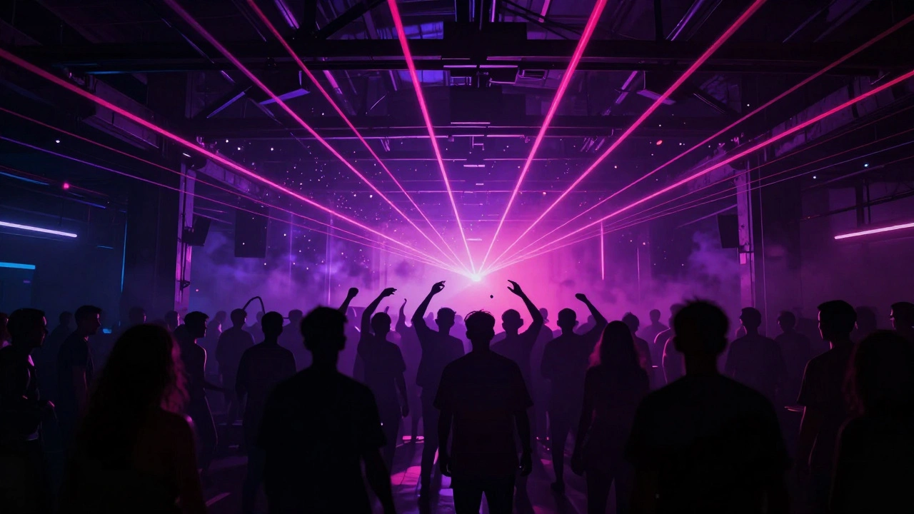 Silhouettes of dancers illuminated by vibrant lasers inside a dark industrial music venue.