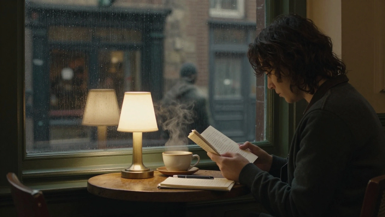 Someone reading alone in a quiet bookstore-cafe late at night.
