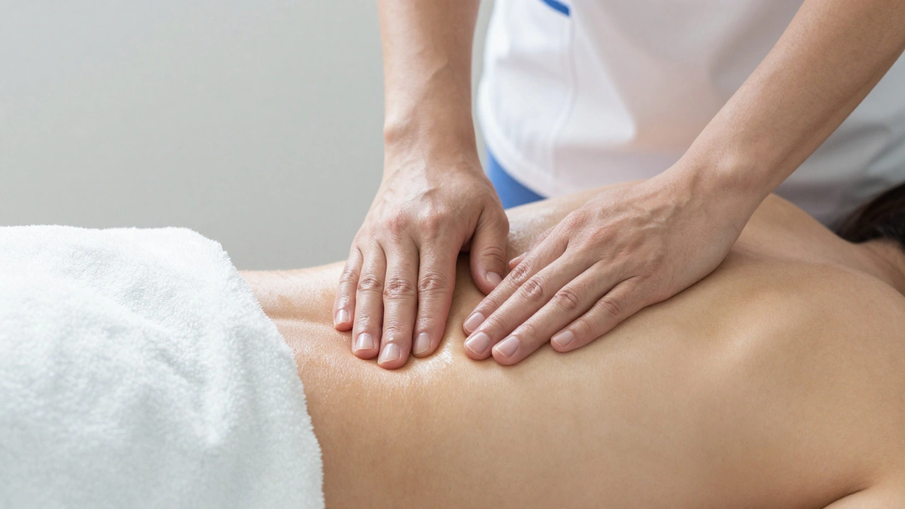 Therapist's gloved hands applying gentle pressure to a client's lower back during a professional session.