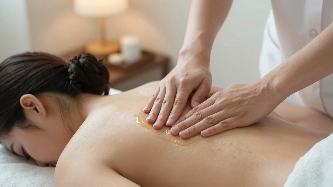Therapist's hands applying gentle pressure with oil to a client's shoulder area.