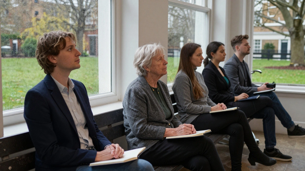 Three individuals in North London quietly reflecting after an erotic massage session, each lost in peaceful thought.